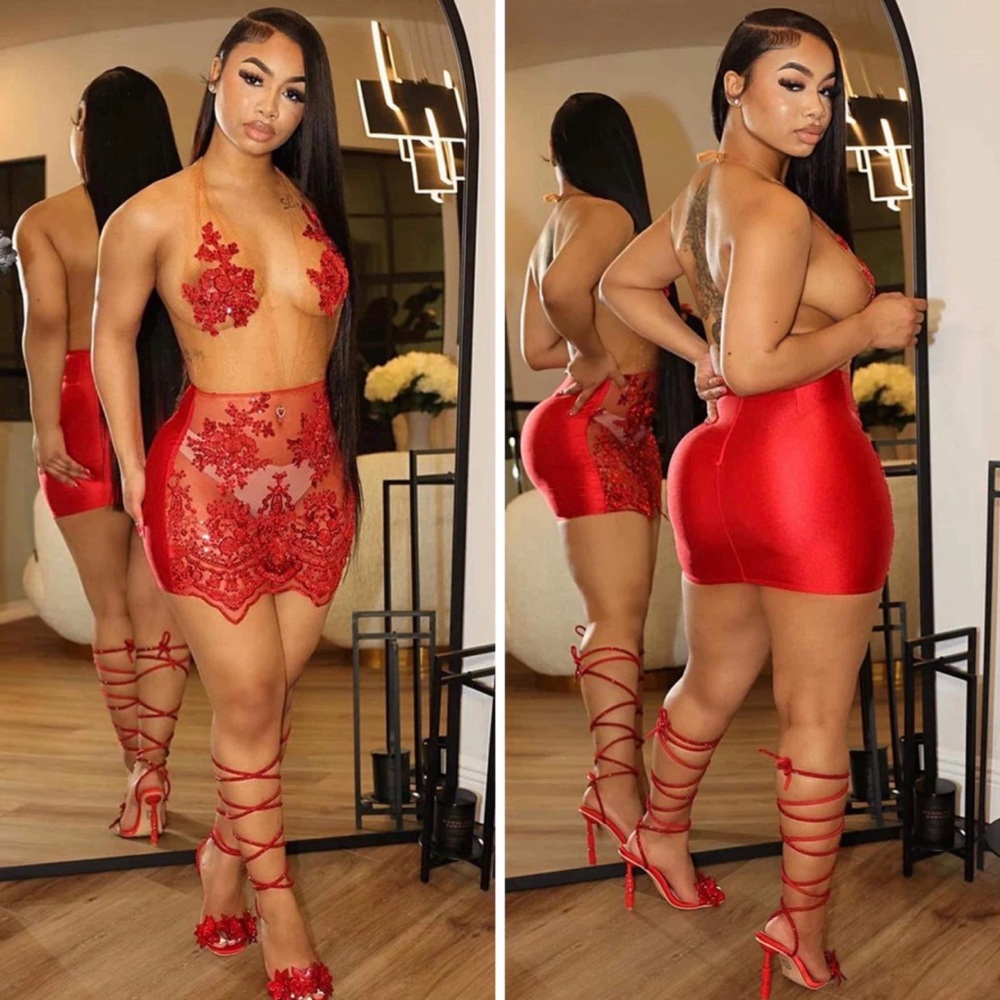 Red Lace and Satin Two-Piece Set